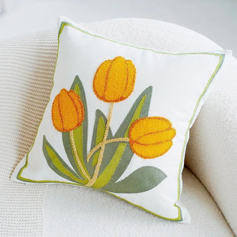 Grön & Rosa Tulpan Broderad Kuddöverdrag | Veska Gul Tulpan 45x45CM