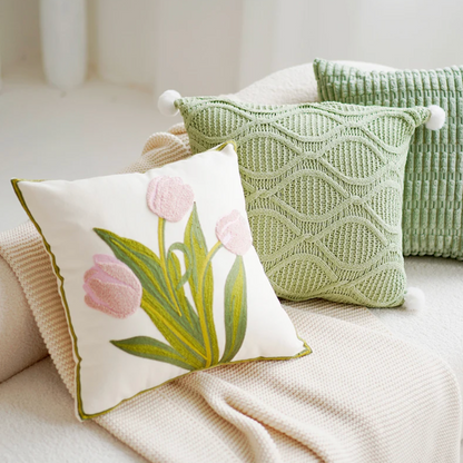 Grön & Rosa Tulpan Broderad Kuddöverdrag | Veska