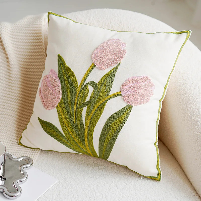 Grön & Rosa Tulpan Broderad Kuddöverdrag | Veska
