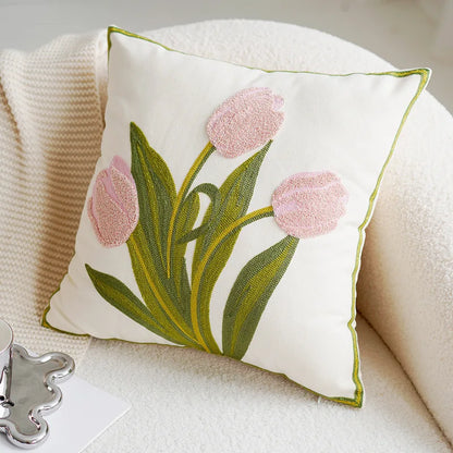 Grön & Rosa Tulpan Broderad Kuddöverdrag | Veska
