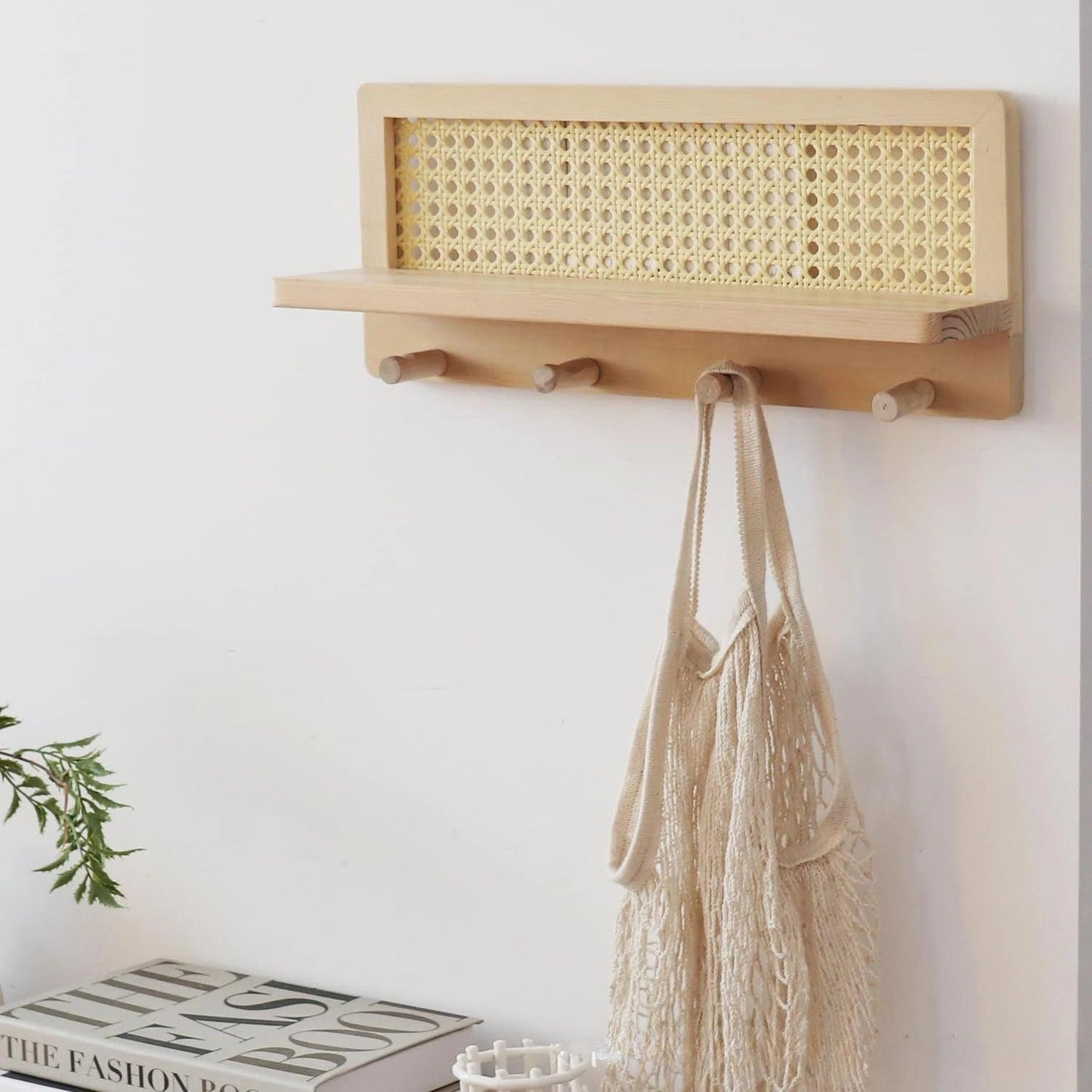 Japandi Solid Wood Rattan Vägg Hylla │ Modern Minimalistisk Hängare Kläder Nyckelhållare Förvaring | Veska