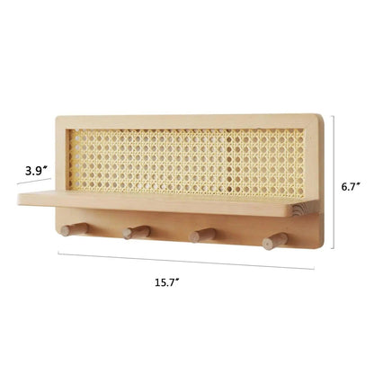 Japandi Solid Wood Rattan Vägg Hylla │ Modern Minimalistisk Hängare Kläder Nyckelhållare Förvaring | Veska