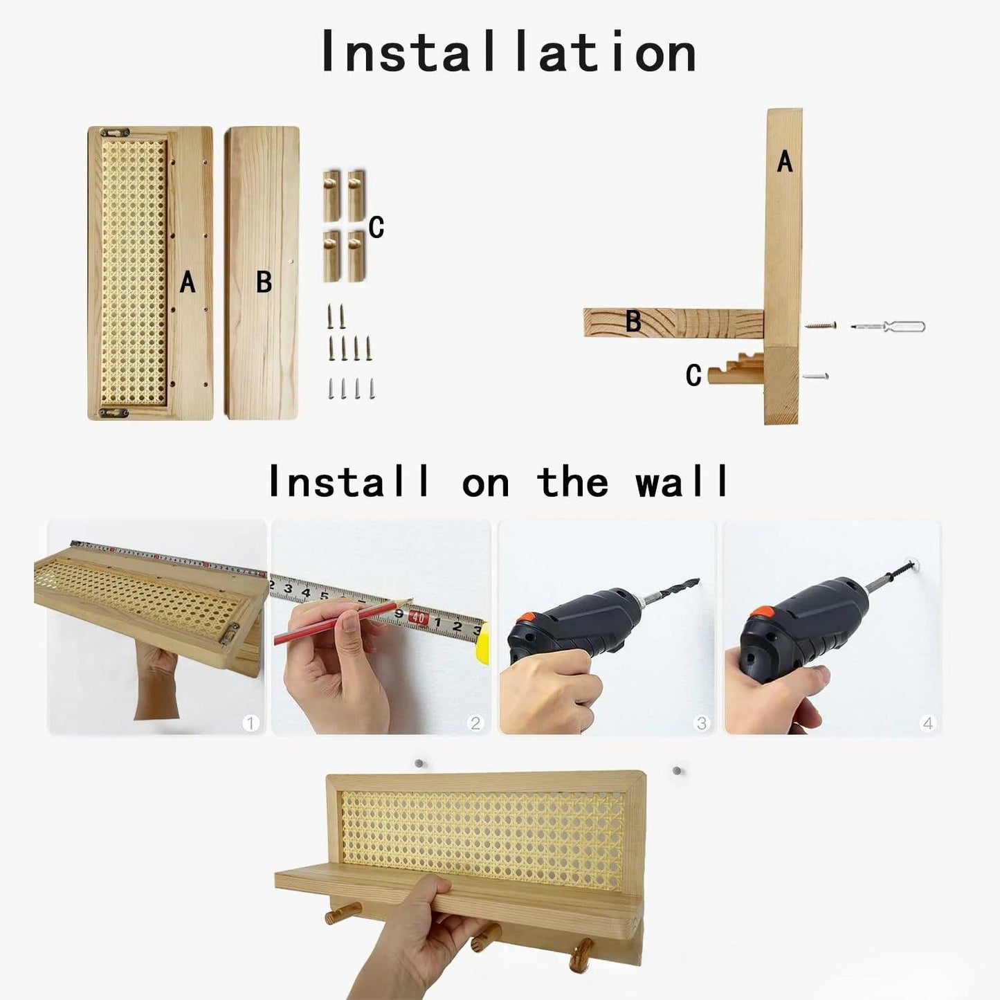 Japandi Solid Wood Rattan Vägg Hylla │ Modern Minimalistisk Hängare Kläder Nyckelhållare Förvaring | Veska