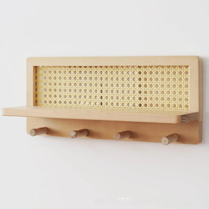 Japandi Solid Wood Rattan Vägg Hylla │ Modern Minimalistisk Hängare Kläder Nyckelhållare Förvaring | Veska