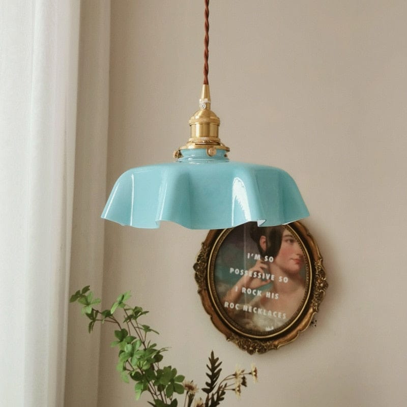 Kräm Blommig Mässingspendel Lampa | Veska Blå