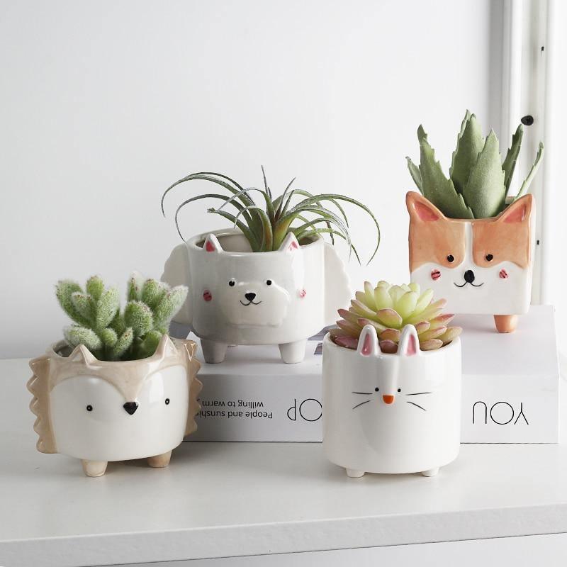 Kvadratisk djur keramik succulenta krukor | Veska 4-delars set
