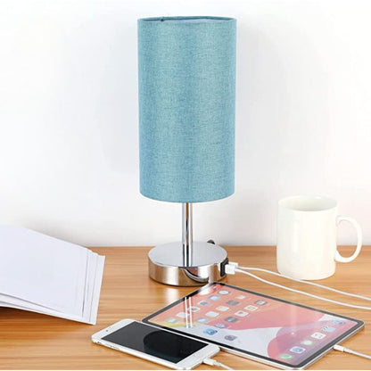 Lampa med USB-anslutning Touch-Control Skrivbordslampa för Sovrum Trä 3-stegs dimbar Sängbordslampa med Rund Linne Skärm för Vardagsrum, Studentboende, Hemmakontor | Veska Blå