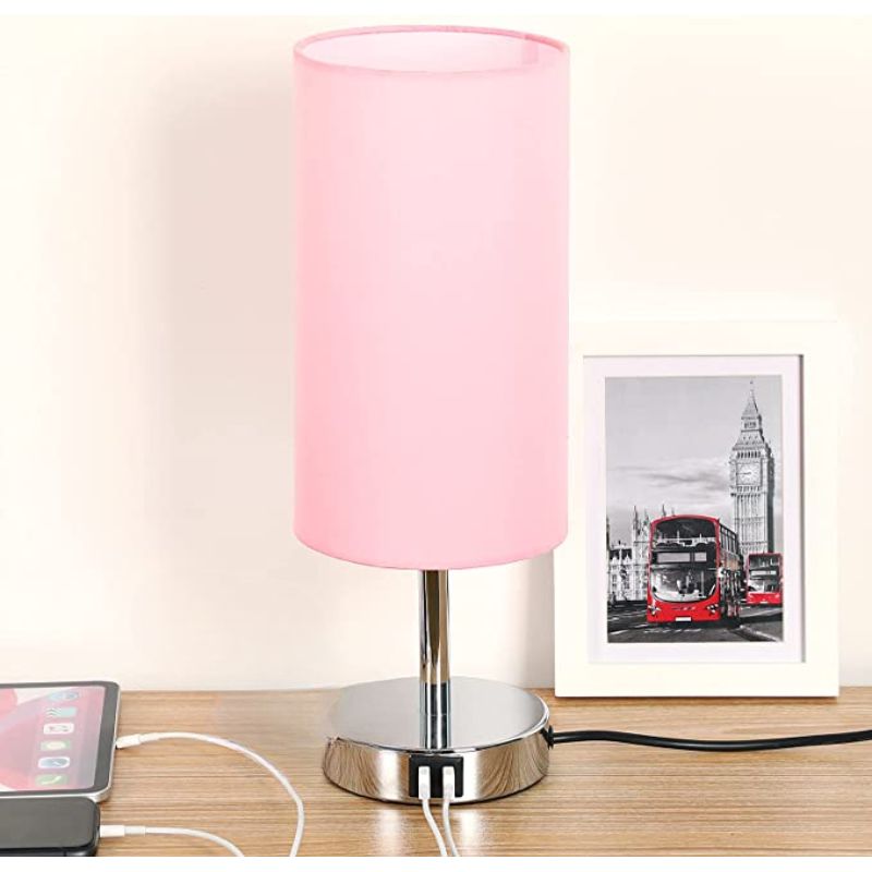 Lampa med USB-anslutning Touch-Control Skrivbordslampa för Sovrum Trä 3-stegs dimbar Sängbordslampa med Rund Linne Skärm för Vardagsrum, Studentboende, Hemmakontor | Veska Ljusrosa