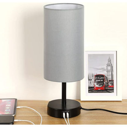 Lampa med USB-anslutning Touch-Control Skrivbordslampa för Sovrum Trä 3-stegs dimbar Sängbordslampa med Rund Linne Skärm för Vardagsrum, Studentboende, Hemmakontor | Veska Grå
