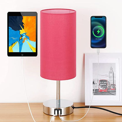 Lampa med USB-anslutning Touch-Control Skrivbordslampa för Sovrum Trä 3-stegs dimbar Sängbordslampa med Rund Linne Skärm för Vardagsrum, Studentboende, Hemmakontor | Veska Mörk rosa