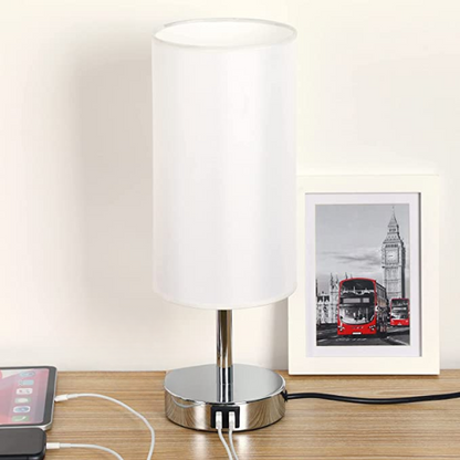 Lampa med USB-anslutning Touch-Control Skrivbordslampa för Sovrum Trä 3-stegs dimbar Sängbordslampa med Rund Linne Skärm för Vardagsrum, Studentboende, Hemmakontor | Veska Vit Silver