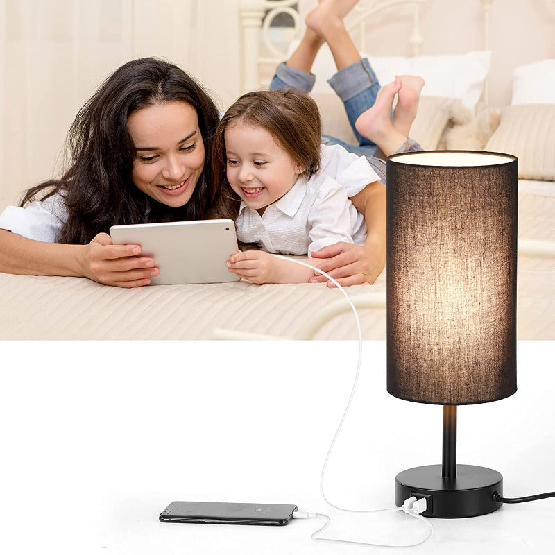 Lampa med USB-anslutning Touch-Control Skrivbordslampa för Sovrum Trä 3-stegs dimbar Sängbordslampa med Rund Linne Skärm för Vardagsrum, Studentboende, Hemmakontor | Veska