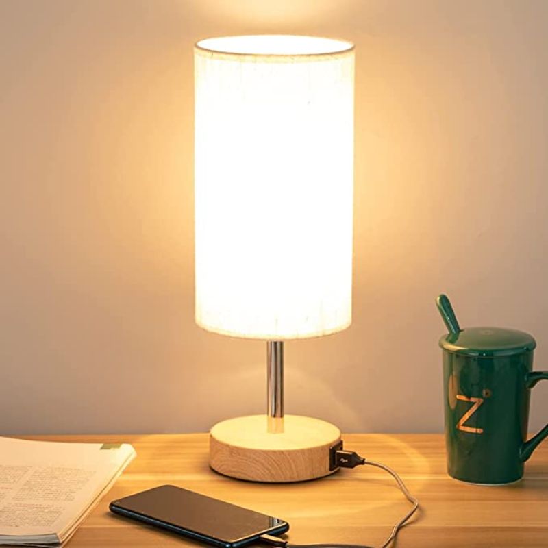 Lampa med USB-anslutning Touch-Control Skrivbordslampa för Sovrum Trä 3-stegs dimbar Sängbordslampa med Rund Linne Skärm för Vardagsrum, Studentboende, Hemmakontor | Veska Gul