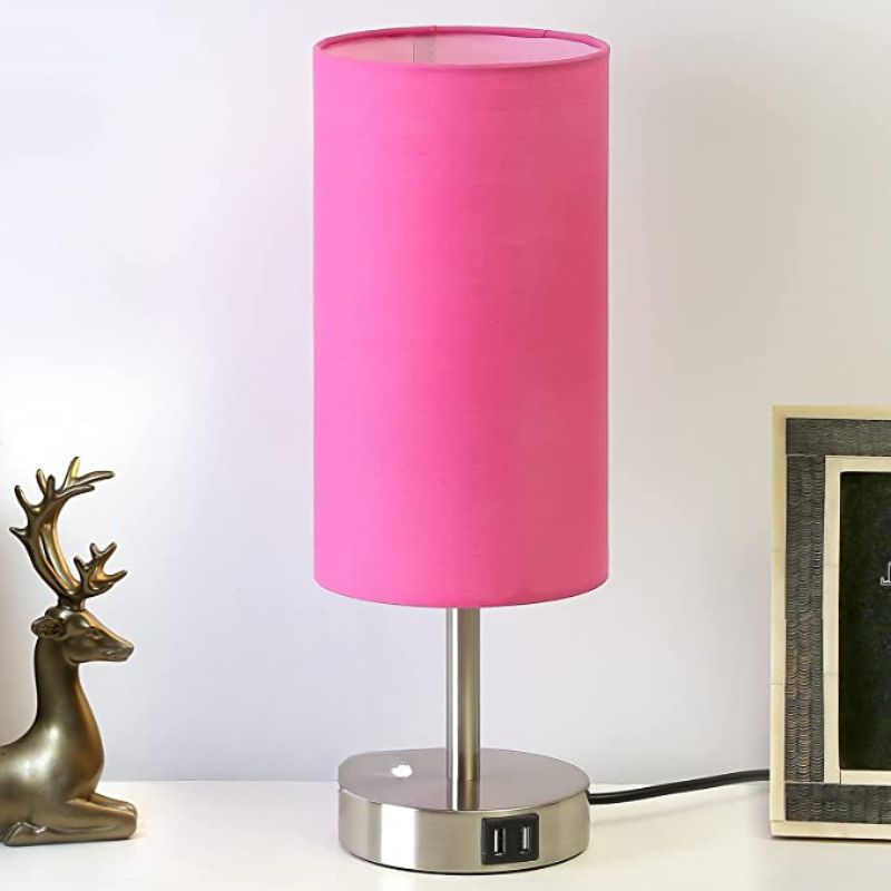Lampa med USB-anslutning Touch-Control Skrivbordslampa för Sovrum Trä 3-stegs dimbar Sängbordslampa med Rund Linne Skärm för Vardagsrum, Studentboende, Hemmakontor | Veska Rosa