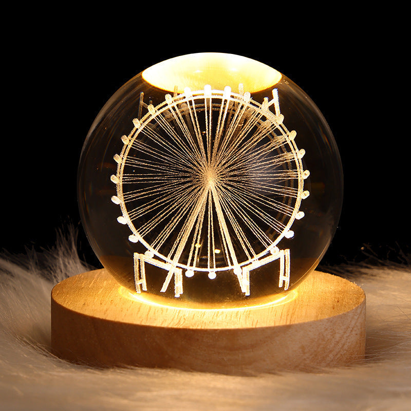 LED Nattlampa Galaxy Crystal Ball Bordslampa 3D Planet Månlampa Sovrum Heminredning För Barn Fest Barns Födelsedagspresenter | Veska Säte området gjort av massivt trä Ferris wheel 6CM USB