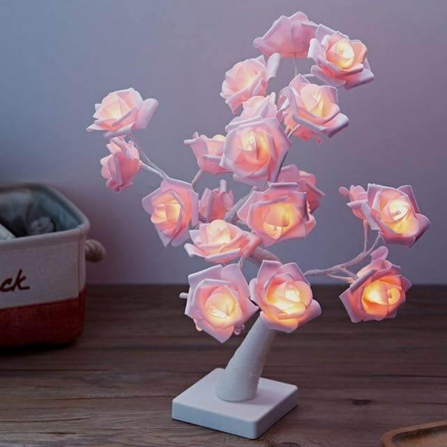LED Romantisk Varm Ros Blomma Träd Nattlampa med Klocka | Veska