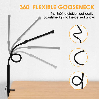 LED skrivbordslampa med lampa, ögonvänliga kläm-lampor för hemmakontoret, 3 lägen 10 ljusstyrkenivåer, lång flexibel gåsnek, metall, svängarm arkitektuppgiftslampor med USB-adapter, vit | Veska