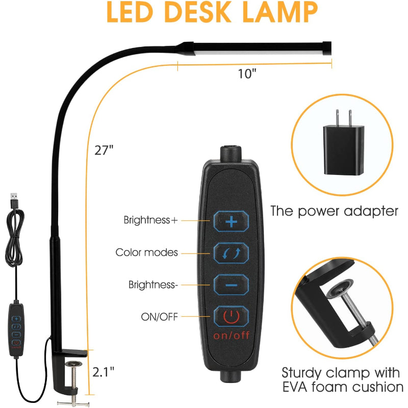 LED skrivbordslampa med lampa, ögonvänliga kläm-lampor för hemmakontoret, 3 lägen 10 ljusstyrkenivåer, lång flexibel gåsnek, metall, svängarm arkitektuppgiftslampor med USB-adapter, vit | Veska