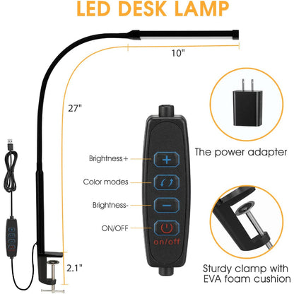 LED skrivbordslampa med lampa, ögonvänliga kläm-lampor för hemmakontoret, 3 lägen 10 ljusstyrkenivåer, lång flexibel gåsnek, metall, svängarm arkitektuppgiftslampor med USB-adapter, vit | Veska