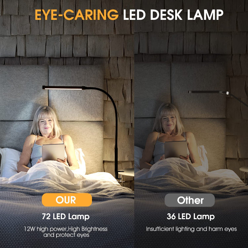 LED skrivbordslampa med lampa, ögonvänliga kläm-lampor för hemmakontoret, 3 lägen 10 ljusstyrkenivåer, lång flexibel gåsnek, metall, svängarm arkitektuppgiftslampor med USB-adapter, vit | Veska