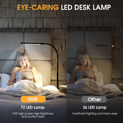 LED skrivbordslampa med lampa, ögonvänliga kläm-lampor för hemmakontoret, 3 lägen 10 ljusstyrkenivåer, lång flexibel gåsnek, metall, svängarm arkitektuppgiftslampor med USB-adapter, vit | Veska