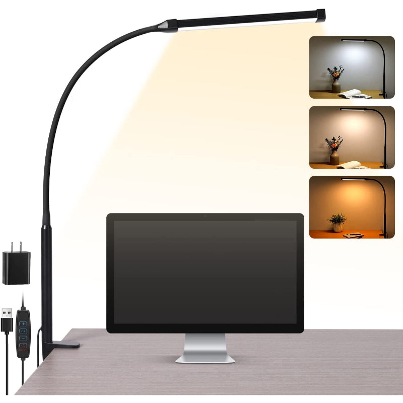 LED skrivbordslampa med lampa, ögonvänliga kläm-lampor för hemmakontoret, 3 lägen 10 ljusstyrkenivåer, lång flexibel gåsnek, metall, svängarm arkitektuppgiftslampor med USB-adapter, vit | Veska Svart