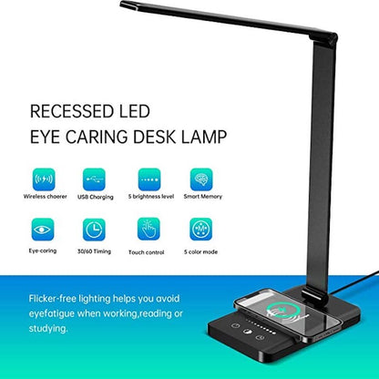 LED skrivbordslampa med USB-laddningsport, dimbar ögonvänlig läslampa för hemmet, med 5 ljusstyrkenivåer och 3 ljuslägen, touchkontroll, autotimer (Svart) | Veska