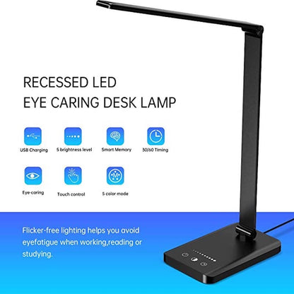 LED skrivbordslampa med USB-laddningsport, dimbar ögonvänlig läslampa för hemmet, med 5 ljusstyrkenivåer och 3 ljuslägen, touchkontroll, autotimer (Svart) | Veska