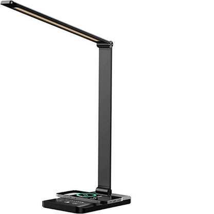 LED skrivbordslampa med USB-laddningsport, dimbar ögonvänlig läslampa för hemmet, med 5 ljusstyrkenivåer och 3 ljuslägen, touchkontroll, autotimer (Svart) | Veska Svart Med trådlös laddare