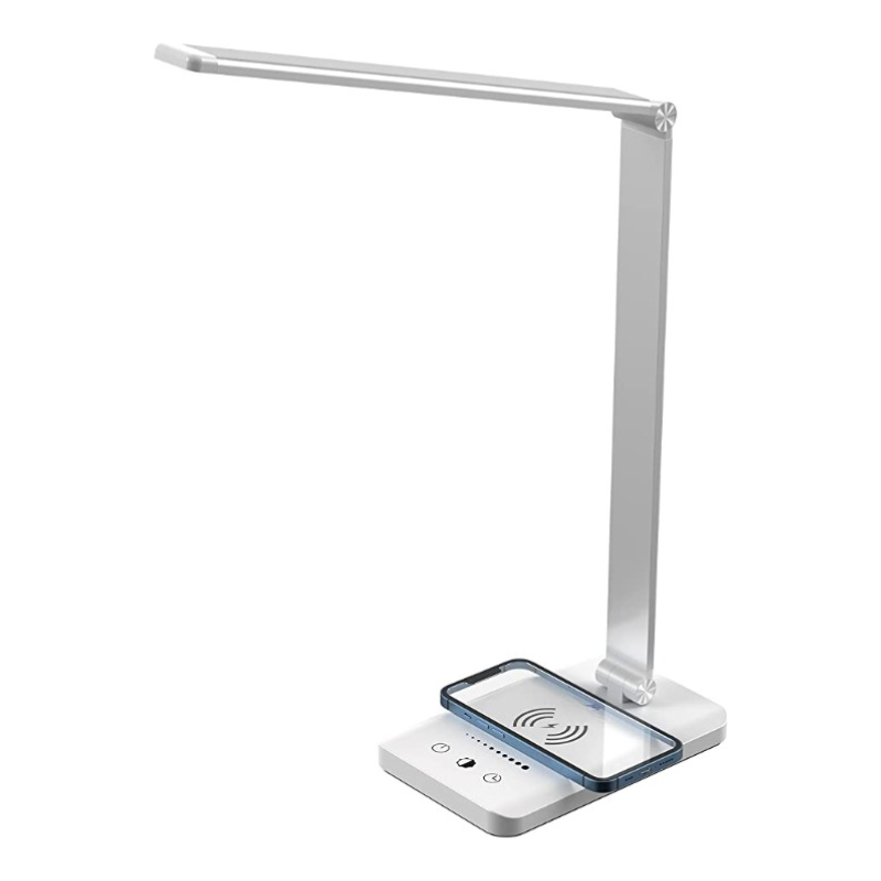 LED skrivbordslampa med USB-laddningsport, dimbar ögonvänlig läslampa för hemmet, med 5 ljusstyrkenivåer och 3 ljuslägen, touchkontroll, autotimer (Svart) | Veska Vit Med trådlös laddare
