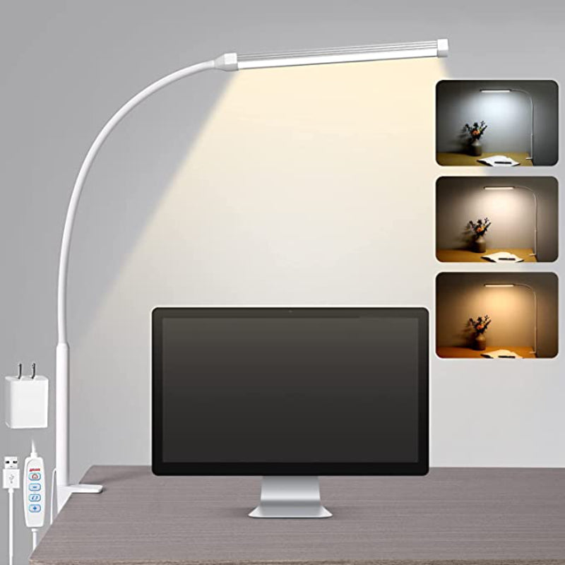 LED Skrivbordslampa - Ögonvänlig Skrivbordslampa med Klämma, Flexibel Svingarm, 3 Läge, 10 Ljusnivåer, USB-adapter | Veska Vit