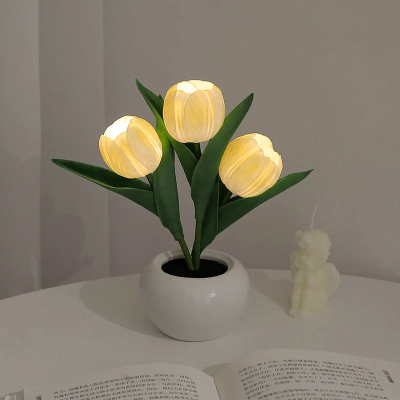 LED Tulpan Nattduksbord Lampa Blomma Bord Lampa | Veska 3 Blommor - citron gul