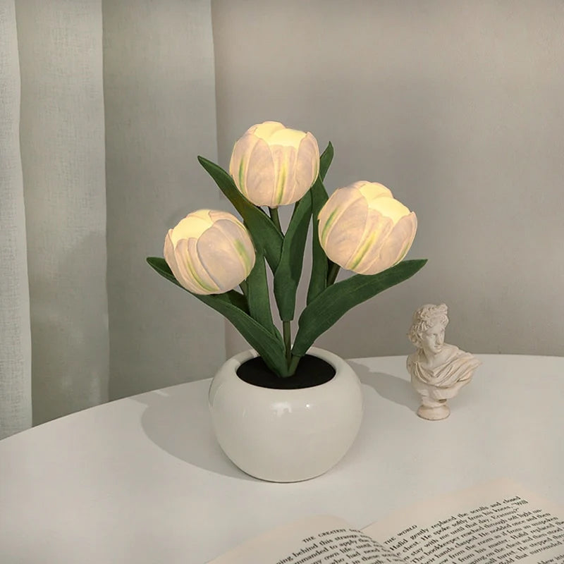 LED Tulpan Nattduksbord Lampa Blomma Bord Lampa | Veska 3 Blommor - krämvit