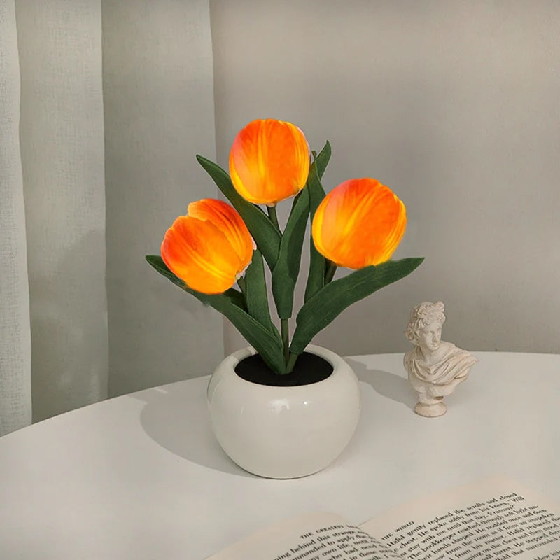 LED Tulpan Nattduksbord Lampa Blomma Bord Lampa | Veska 3 Blommor - ljus orange