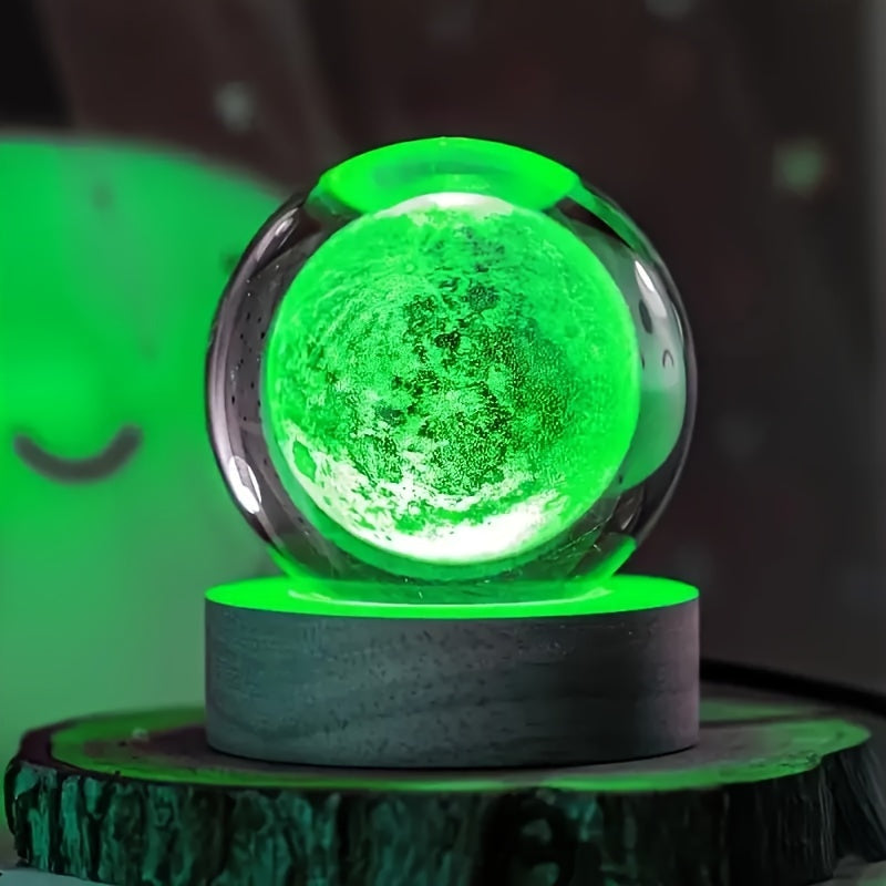 LumiSphere - Lyxig 3D Kristall Bordslampa med Träbas Veska 7 färger - måne
