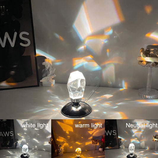 LuxorLite Diamant Crystal LED Bordslampa | Lyxig Stämningsbelysning | 3 eller 16 Färgbyte | Trådlös Nattlampa | Veska 3 färger utbytbara (Warm Neutral White)