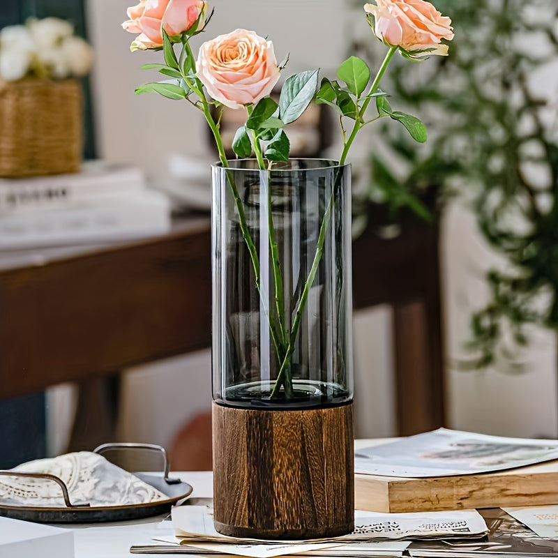 Lyxig glasvas med träbas Elegant och modern | Veska