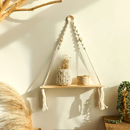 Macrame Hängande Hylla i Trä Handgjord Flytande Hylla med Fransar, idealisk för Inredning av Vardagsrum, Kök och Badrum | Veska Beige