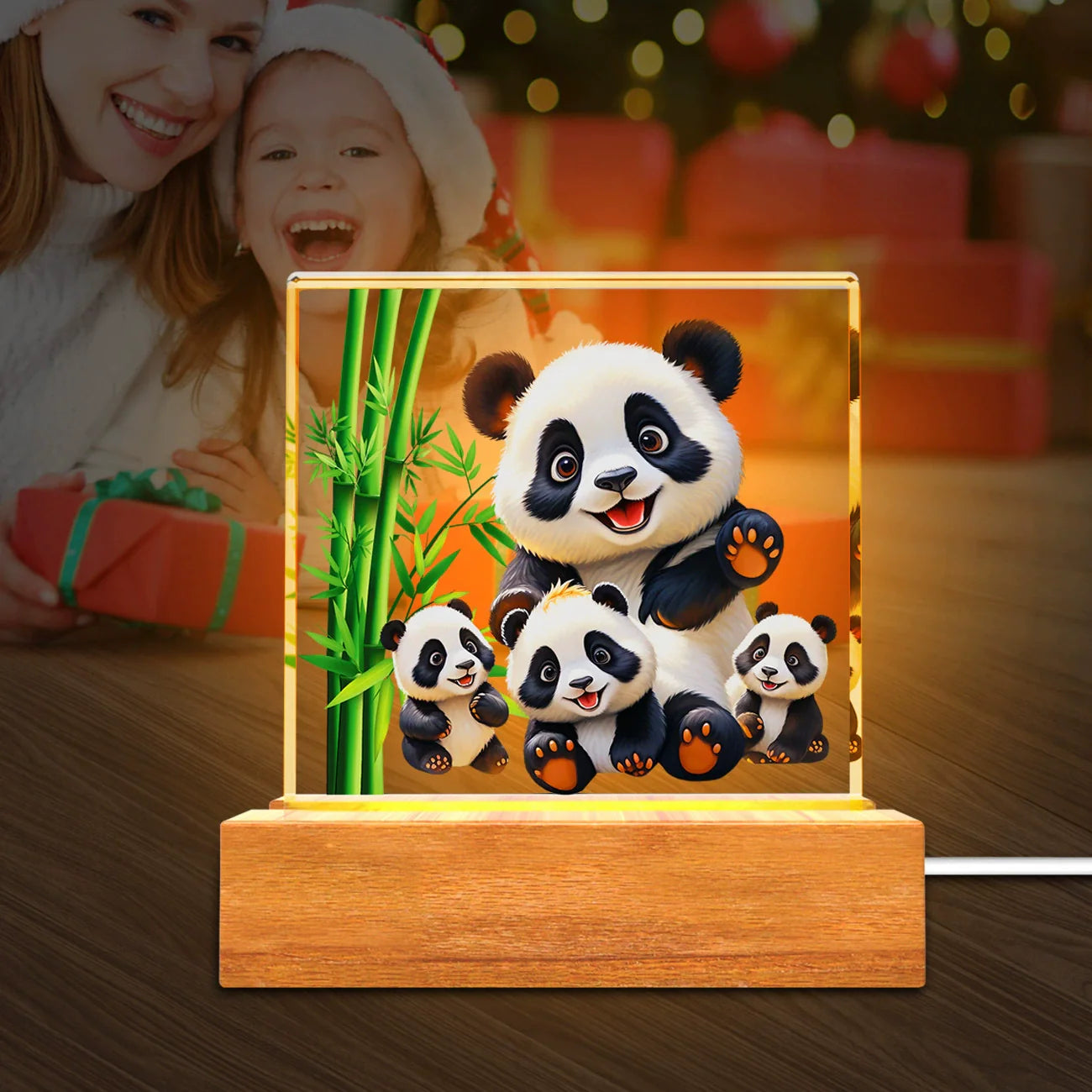 Massivt Träbas Akryl Nattlampa Barn Kreativ Gåva USB Bordslampa | Veska Panda