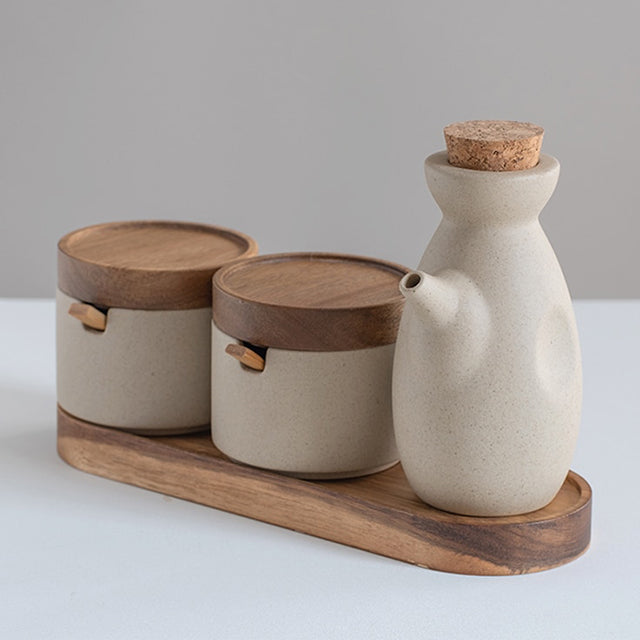 Minimalist kryddburk och kruka set i japansk stil | Veska 4-delars set med oljekanna