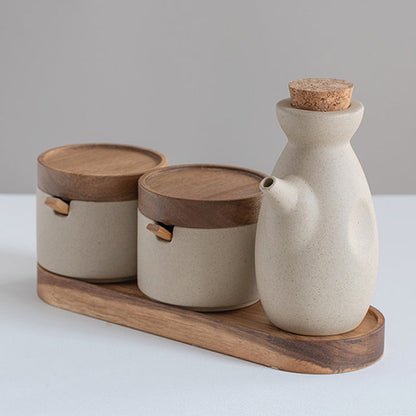 Minimalist kryddburk och kruka set i japansk stil | Veska 4-delars set med oljekanna