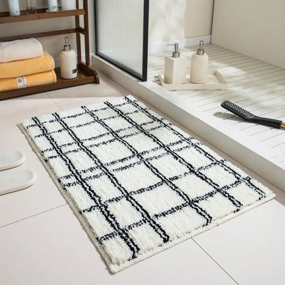 Modern Grid Tufted Badmatta | Veska Vit med svart rutnät