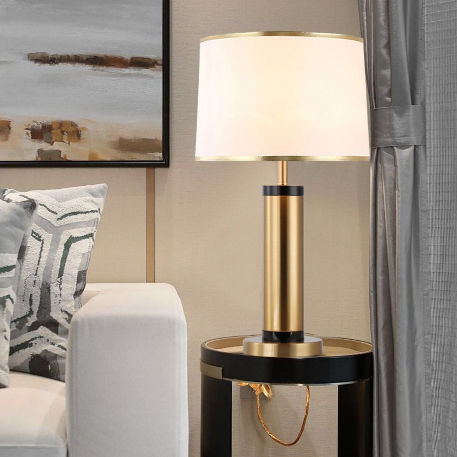 Modern övergångscylinder järn tyg 1-lamps bordslampa för vardagsrummet | Veska