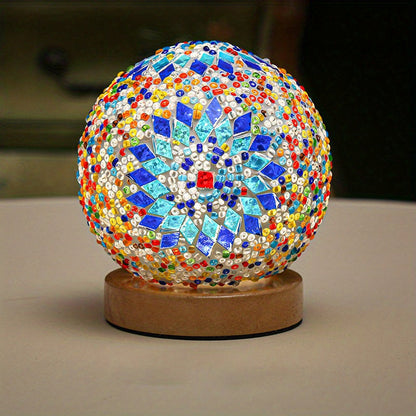 Mosaikglasboll bordslampa med träbas - Turkisk marockansk inspirerad | Veska Blå