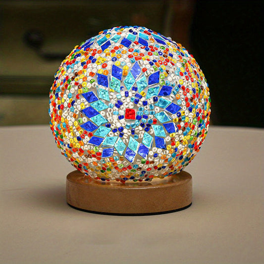 Mosaikglasboll bordslampa med träbas - Turkisk marockansk inspirerad | Veska Blå