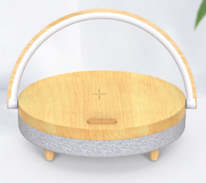 Multifunktionell Sängbordslampa, med Telefon Trådlös Laddare, Telefonhållare, Bluetooth-högtalare och Justerbar Ljusstyrka, för Hem & Kontor (US Kontakt) | Veska trä