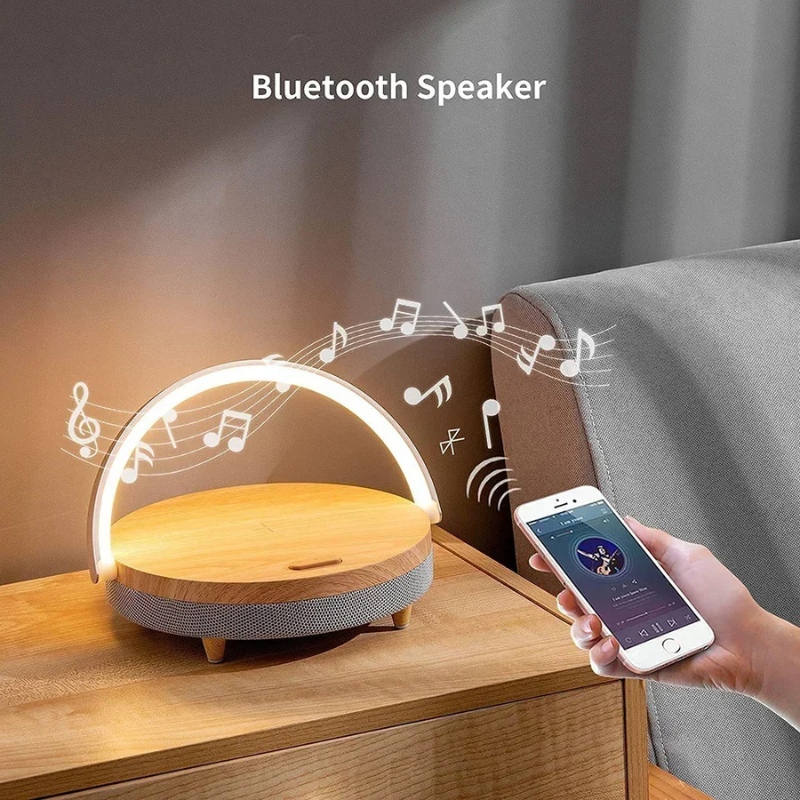 Multifunktionell Trä Bordsamp med Bluetooth Högtalare & Trådlös Laddare | Veska