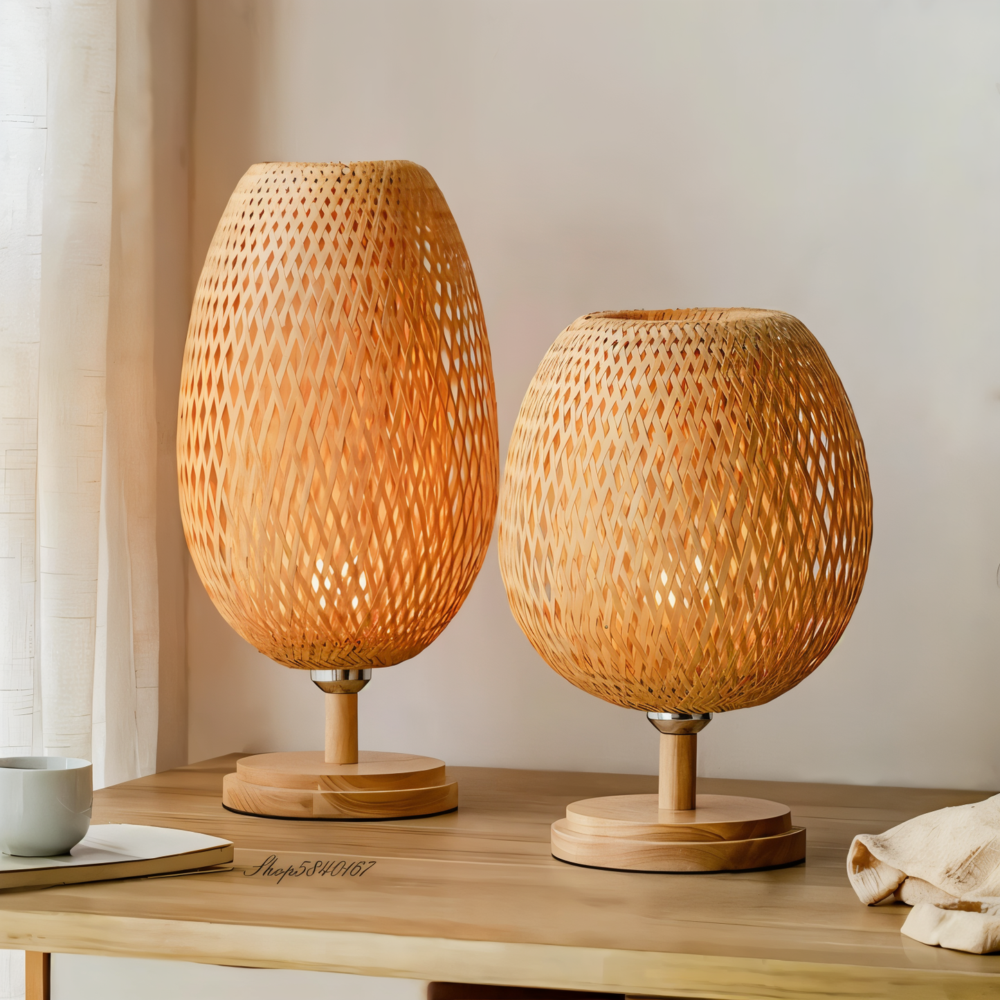 NatureHue – Vintage Bambu Bordslampa – Kreativ Vevad Rattanställningsljus | Veska