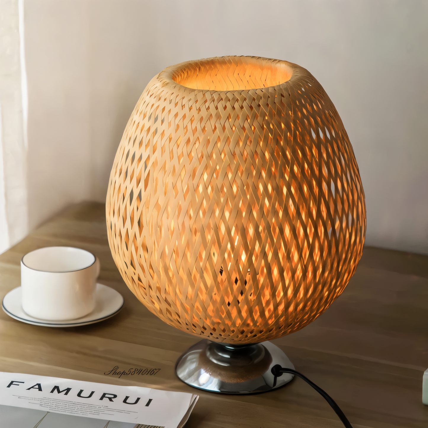 NatureHue – Vintage Bambu Bordslampa – Kreativ Vevad Rattanställningsljus | Veska