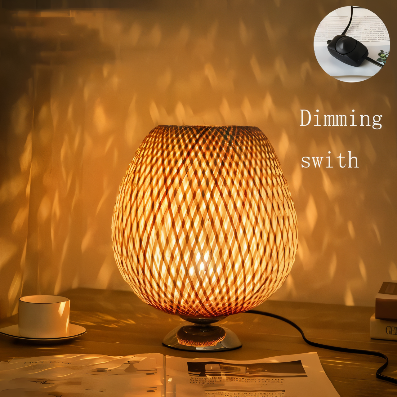 NatureHue – Vintage Bambu Bordslampa – Kreativ Vevad Rattanställningsljus | Veska 23cm x H 36cm